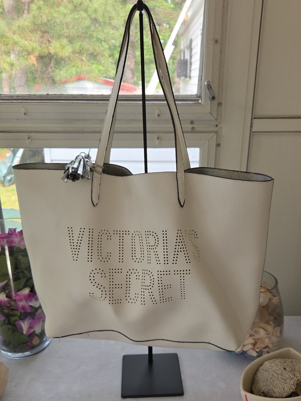 Victoria's Secret Cream White Perforated Logo Tote with Tassel